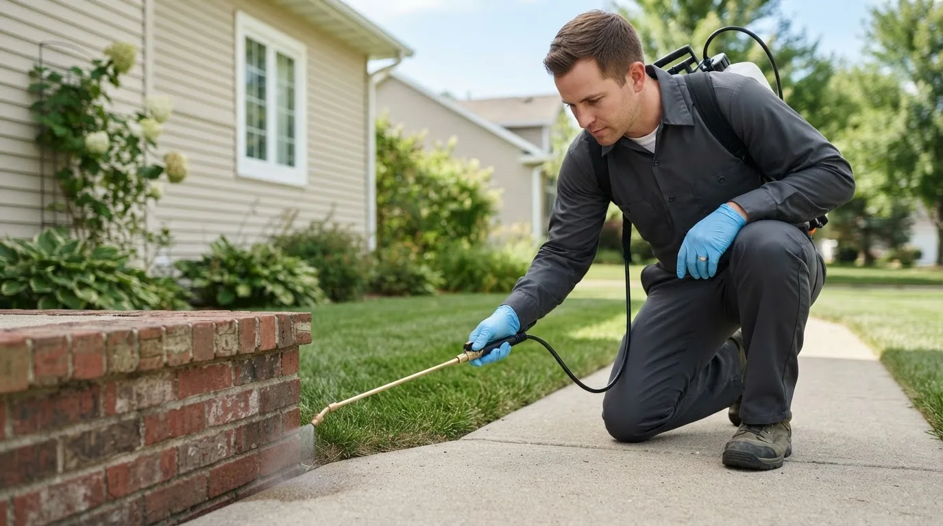 Pest control technician treating a home near Carterville, IL